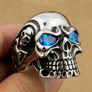 Blue Eyes Skull Ring [Handcrafted] [Stainless Steel & Cubic Zirconium]